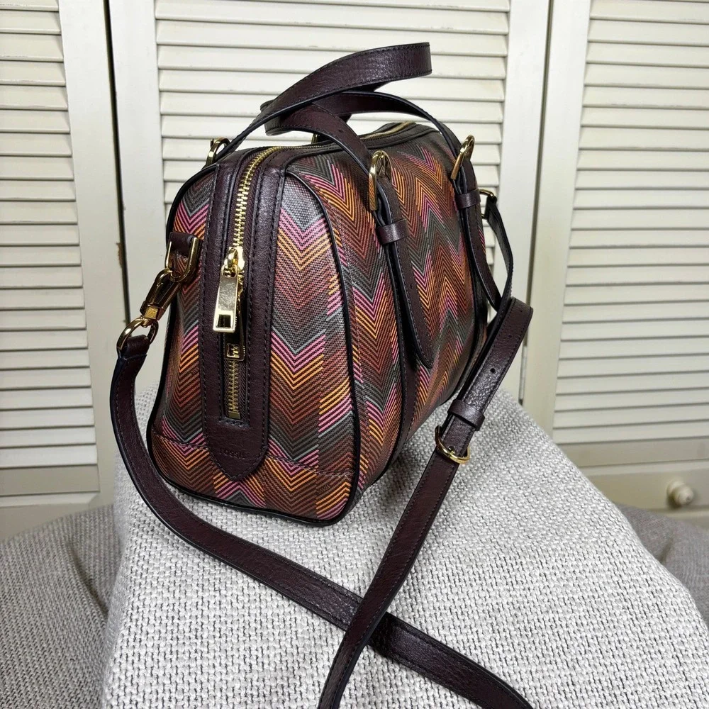 Fossil Brown Chevron Carlie Coated Fabric Harlow Print Satchel Crossbody Bag